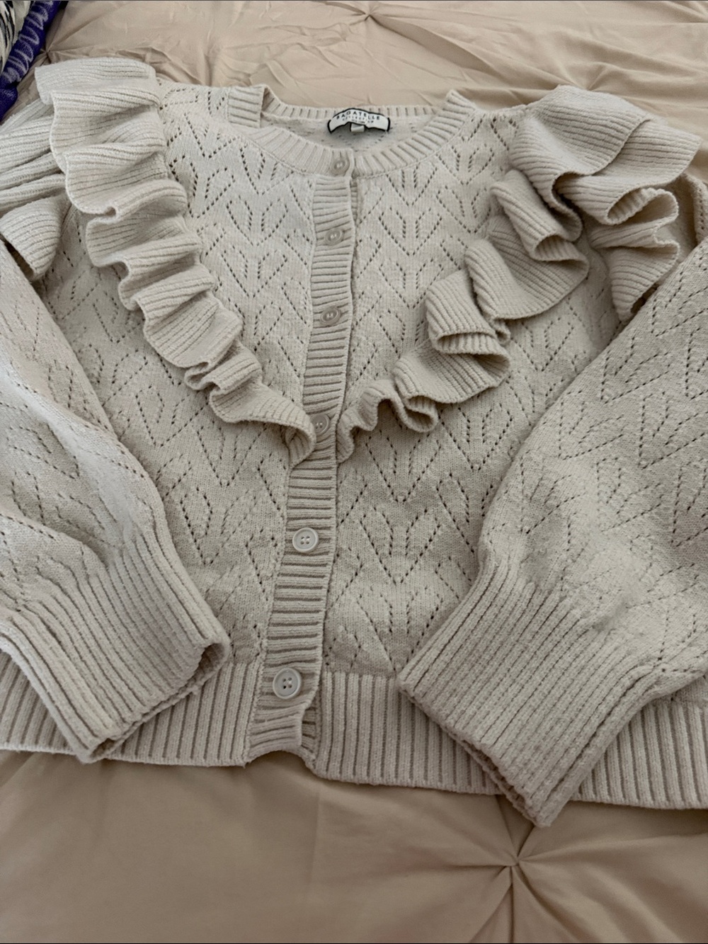 bagatelle Cream Ruffle-Front Knit Cardigan - Picture 4 of 5